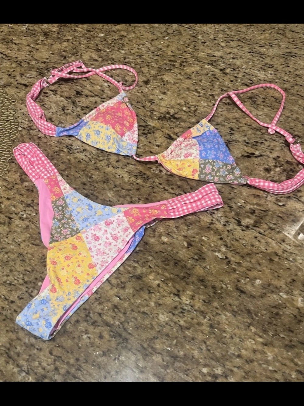 Summer Romance Patchwork Floral & Gingham Bikini Set Women’s Small